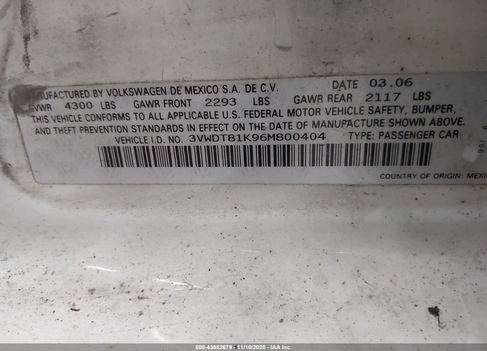 2006 VOLKSWAGEN JETTA TDI VIN: 3VWDT81K96M800404