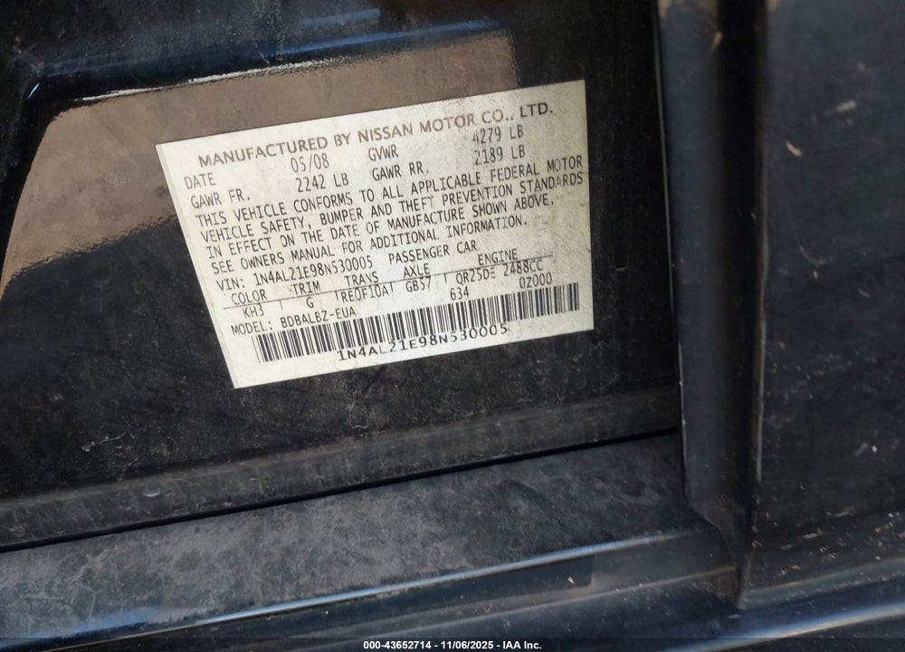 2008 NISSAN ALTIMA 2.5 S VIN: 1N4AL21E98N530005