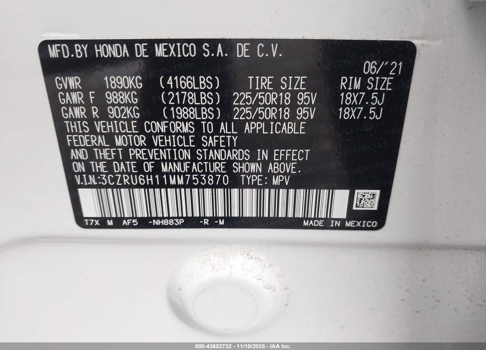 2021 HONDA HR-V VIN: 3CZRU6H11MM753870