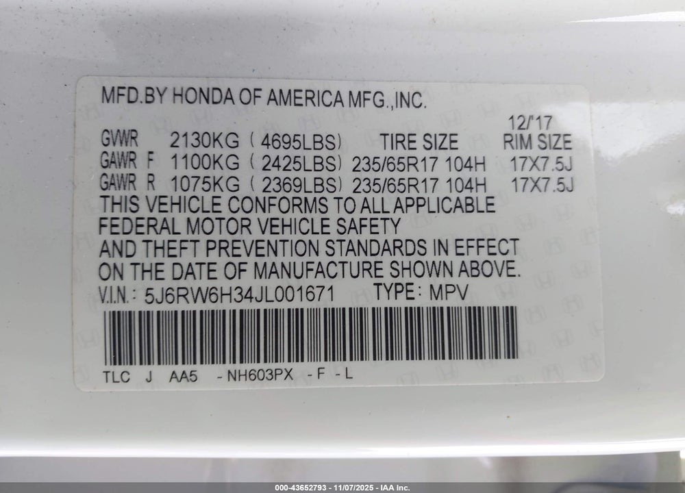 2018 HONDA CR-V VIN: 5J6RW6H34JL001671