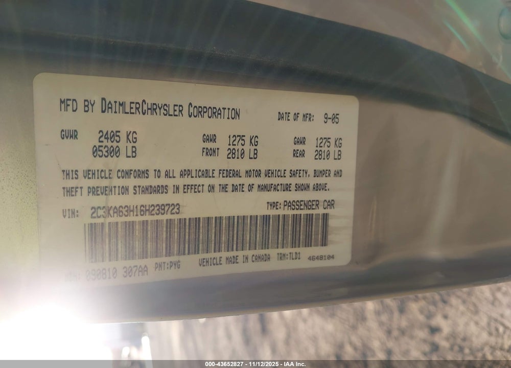 2006 CHRYSLER 300 VIN: 2C3KA63H16H239723