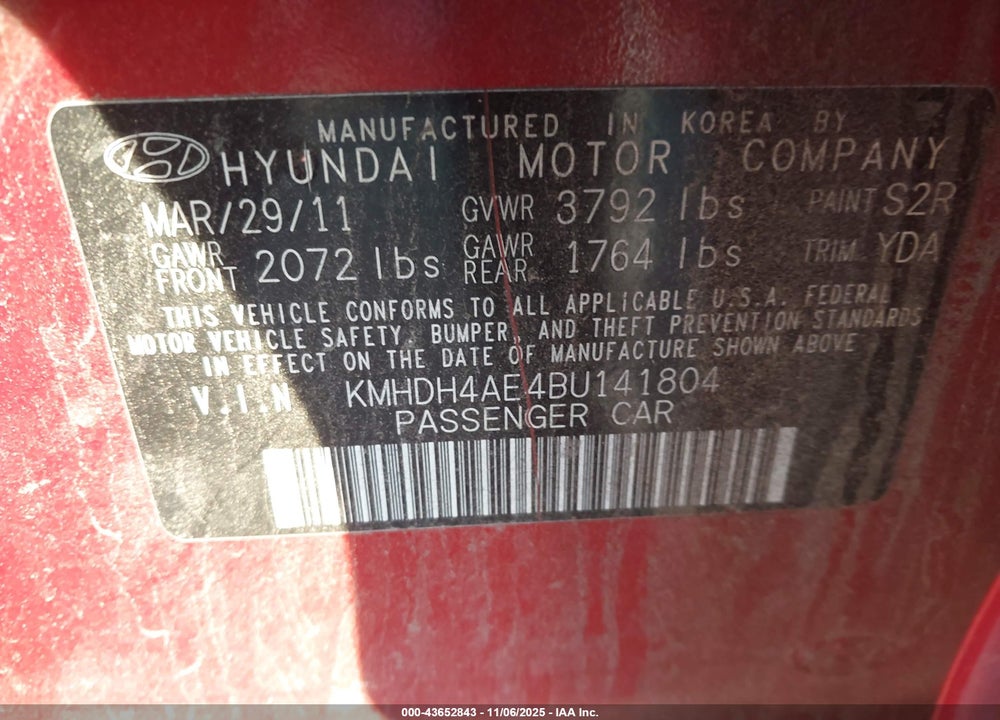 2011 HYUNDAI ELANTRA GLS (ULSAN PLANT) VIN: KMHDH4AE4BU141804