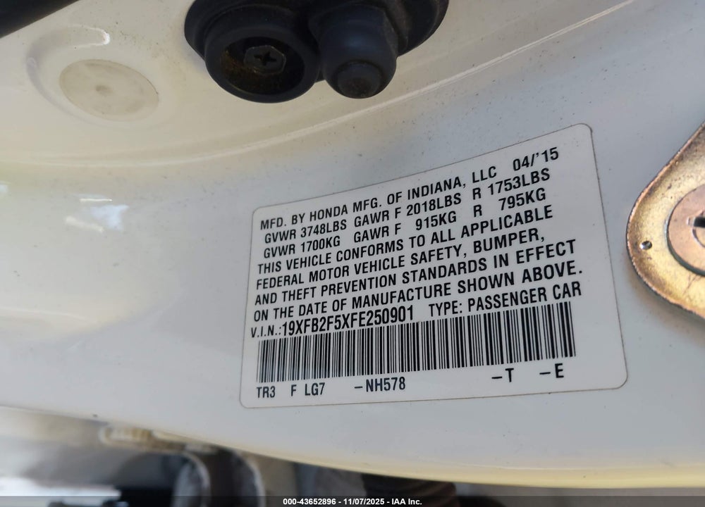 2015 HONDA CIVIC LX VIN: 19XFB2F5XFE250901
