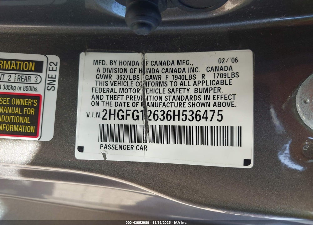 2006 HONDA CIVIC VIN: 2HGFG12636H536475
