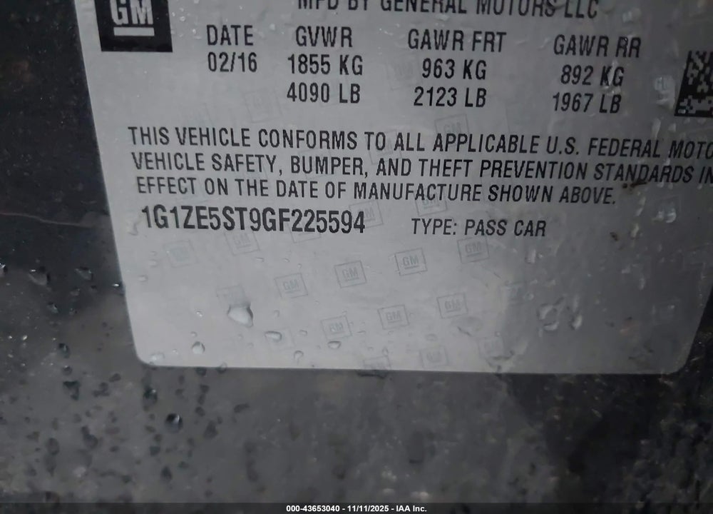 2016 CHEVROLET MALIBU 1LT VIN: 1G1ZE5ST9GF225594