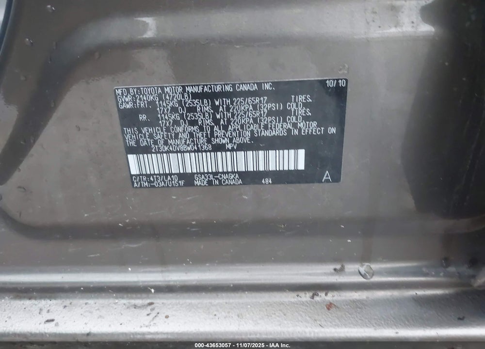 2011 TOYOTA RAV4 VIN: 2T3DK4DV8BW041368