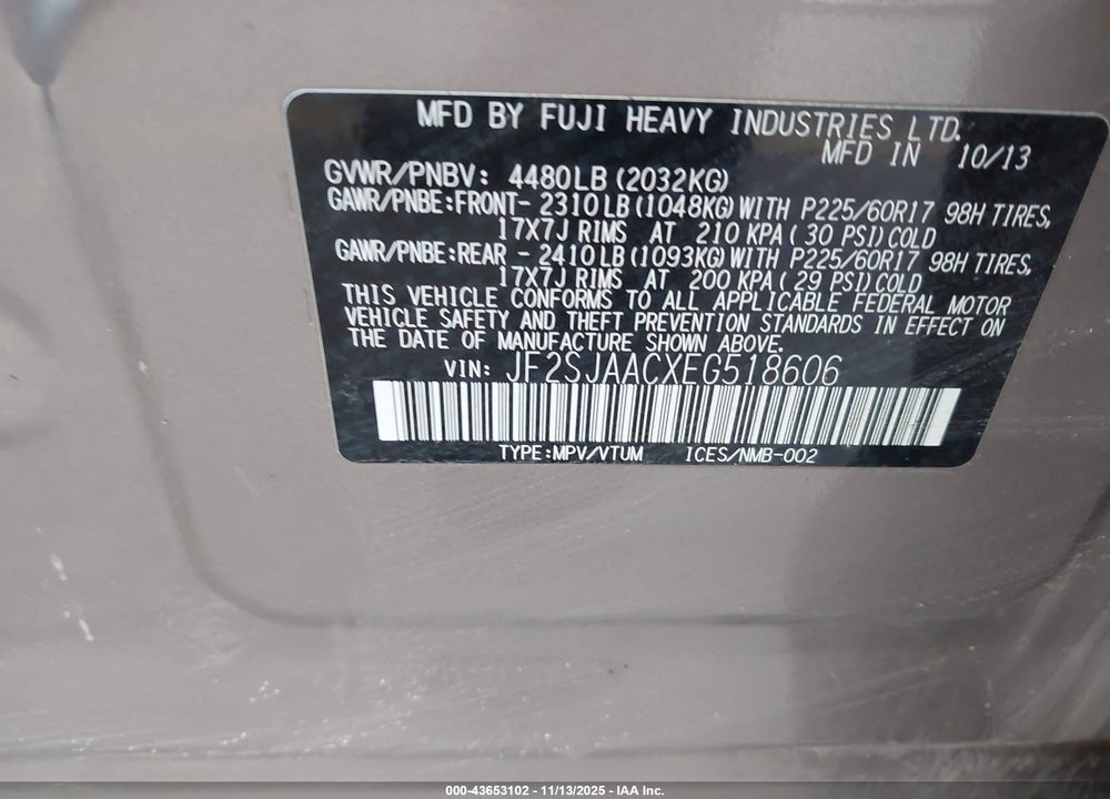 2014 SUBARU FORESTER 2.5I VIN: JF2SJAACXEG518606