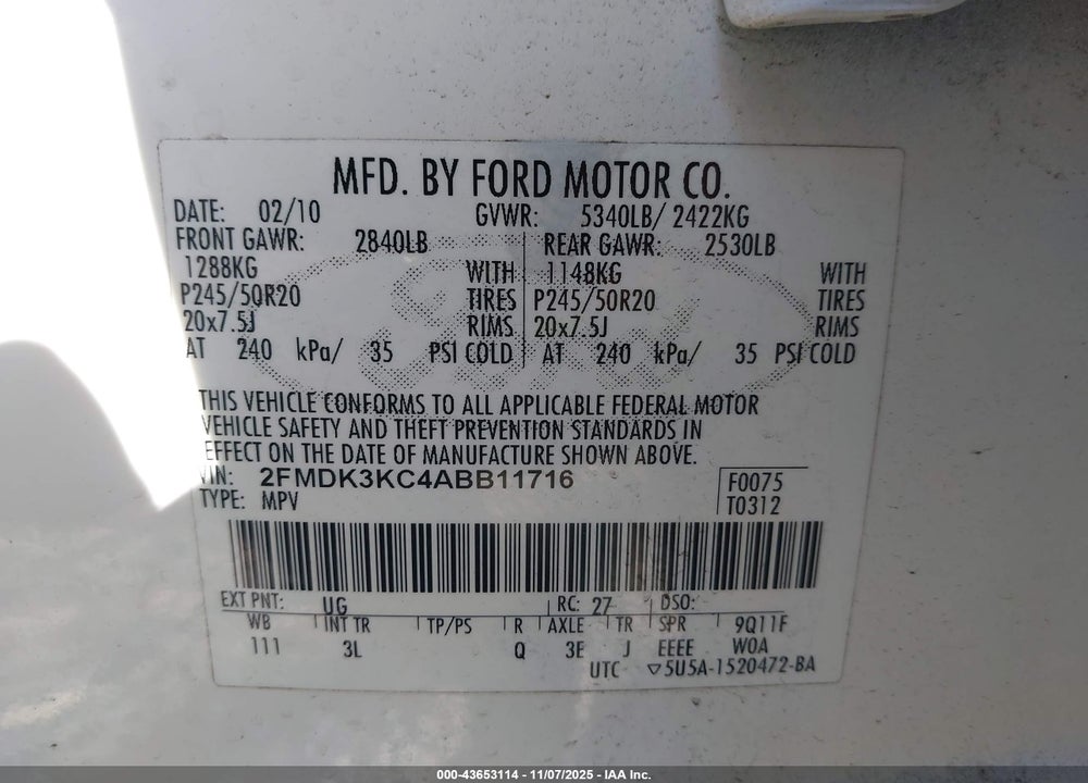 2010 FORD EDGE VIN: 2FMDK3KC4ABB11716