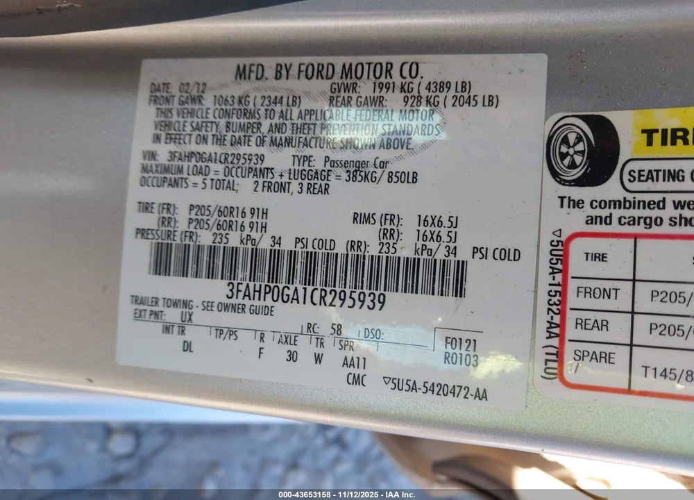 2012 FORD FUSION S VIN: 3FAHP0GA1CR295939