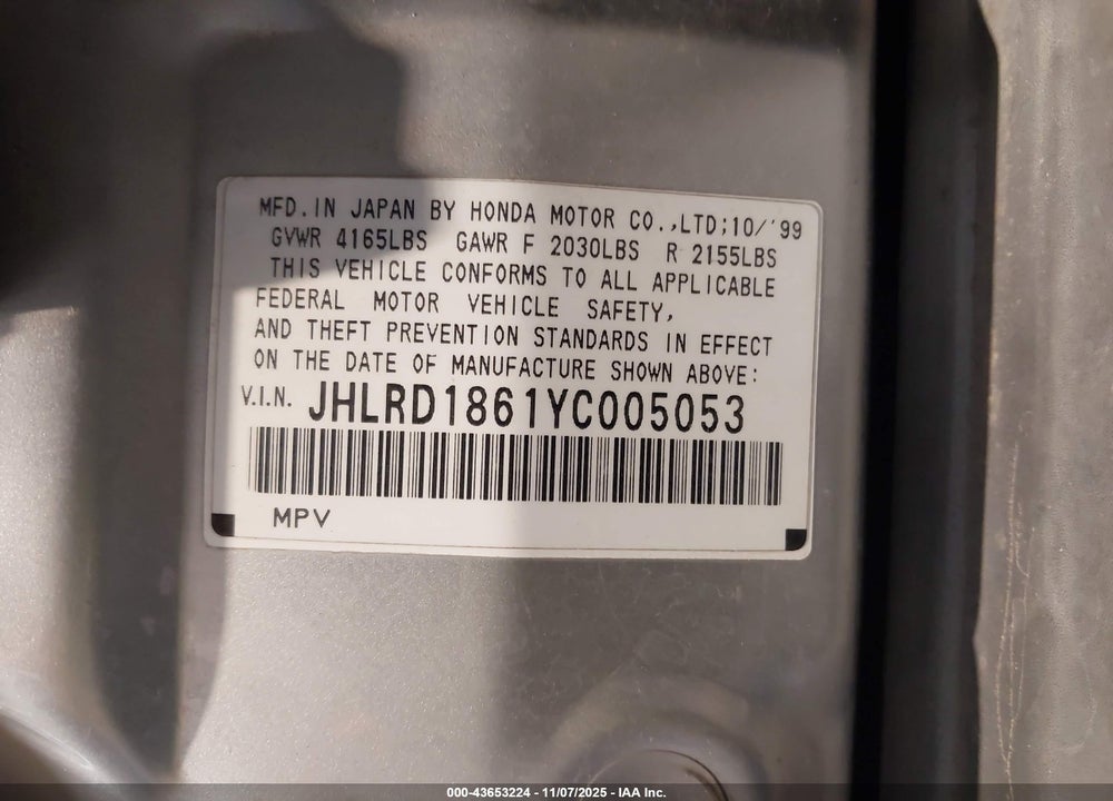 2000 HONDA CR-V EX VIN: JHLRD1861YC005053