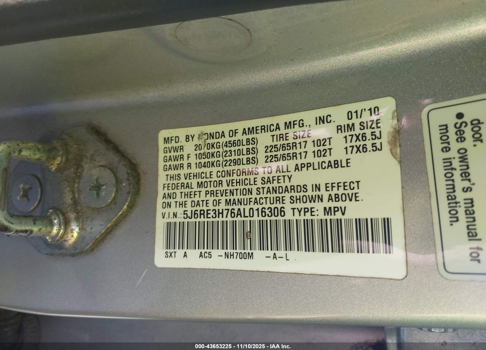 2010 HONDA CR-V EX-L VIN: 5J6RE3H76AL016306