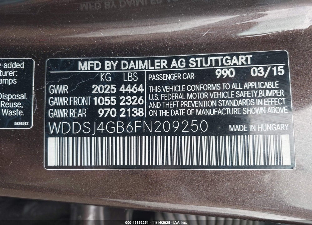 2015 MERCEDES-BENZ CLA-CLASS VIN: WDDSJ4GB6FN209250