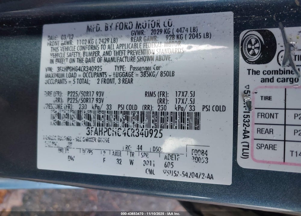 2012 FORD FUSION SE VIN: 3FAHP0HG4CR340925