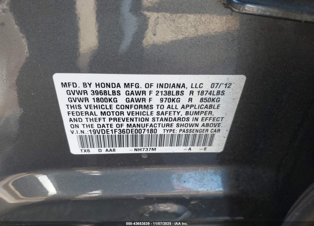 2013 ACURA ILX 2.0L VIN: 19VDE1F36DE007180