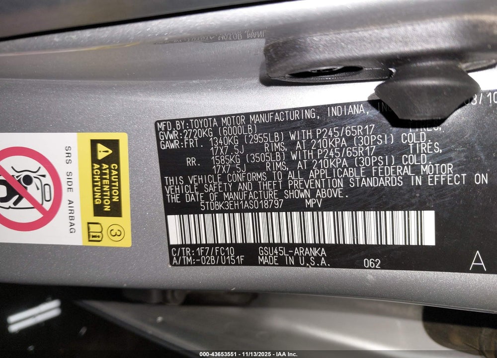 2010 TOYOTA HIGHLANDER BASE V6 VIN: 5TDBK3EH1AS018797