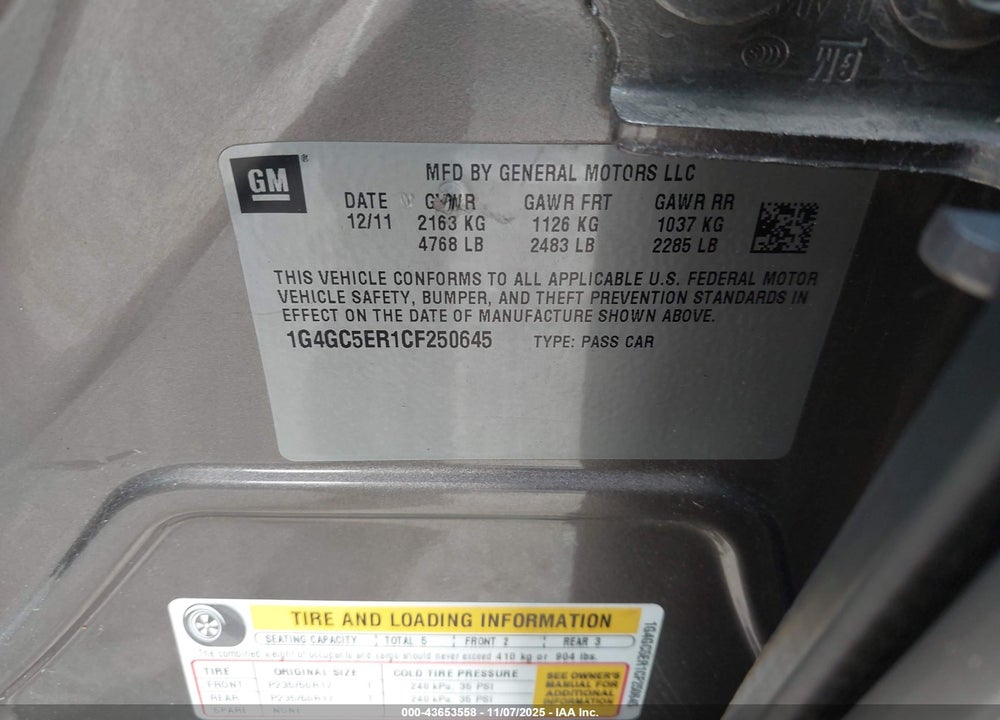 2012 BUICK LACROSSE LEATHER GROUP VIN: 1G4GC5ER1CF250645