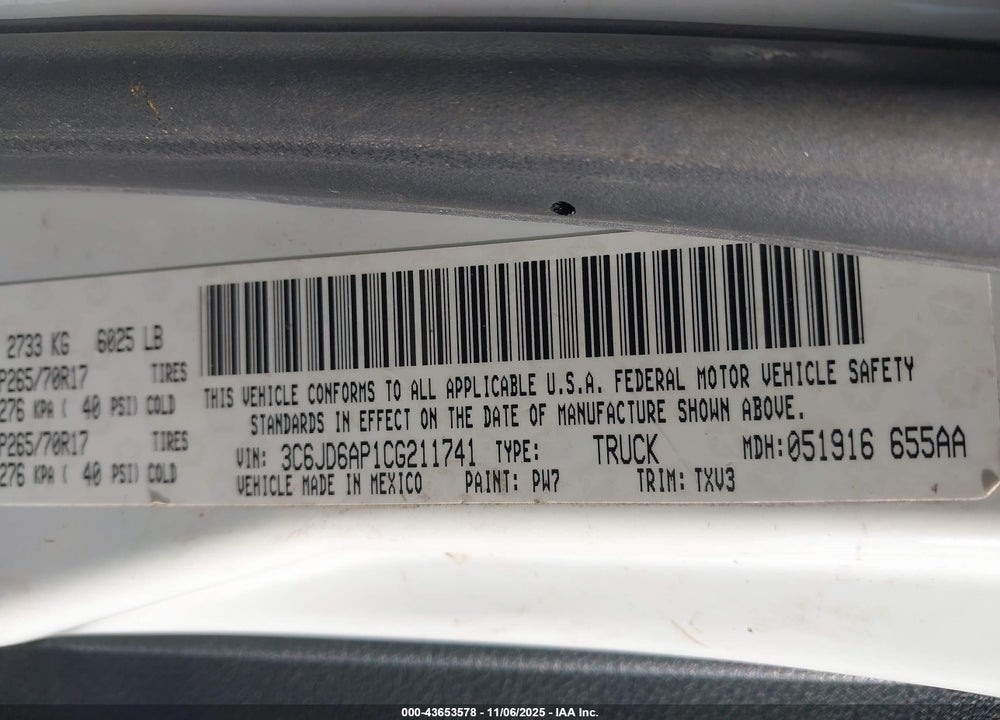 2012 RAM 1500 ST VIN: 3C6JD6AP1CG211741