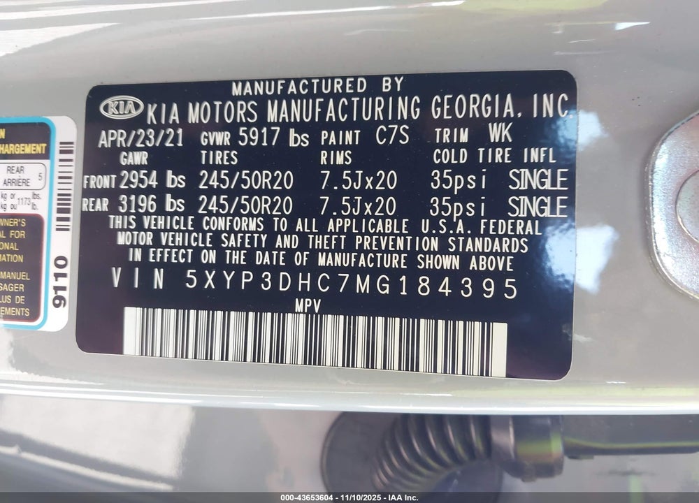 2021 KIA TELLURIDE EX VIN: 5XYP3DHC7MG184395