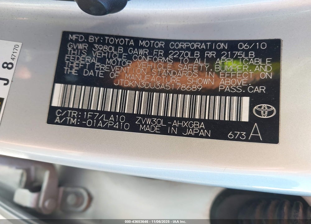 2010 TOYOTA PRIUS IV VIN: JTDKN3DU3A5178689