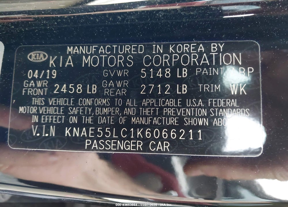 2019 KIA STINGER GT2 VIN: KNAE55LC1K6066211
