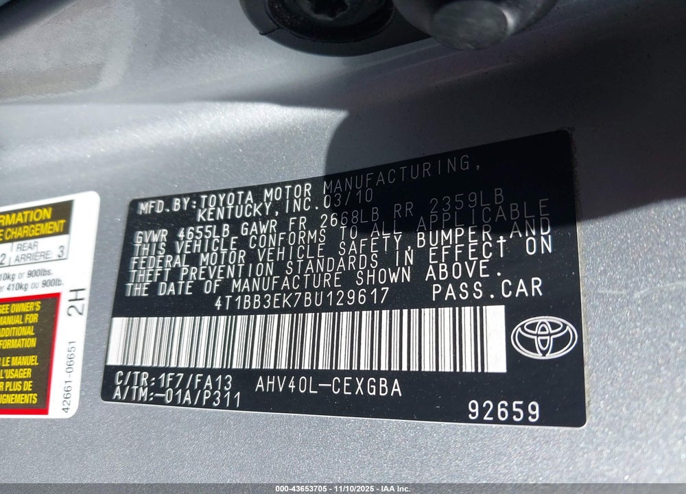 2011 TOYOTA CAMRY HYBRID VIN: 4T1BB3EK7BU129617