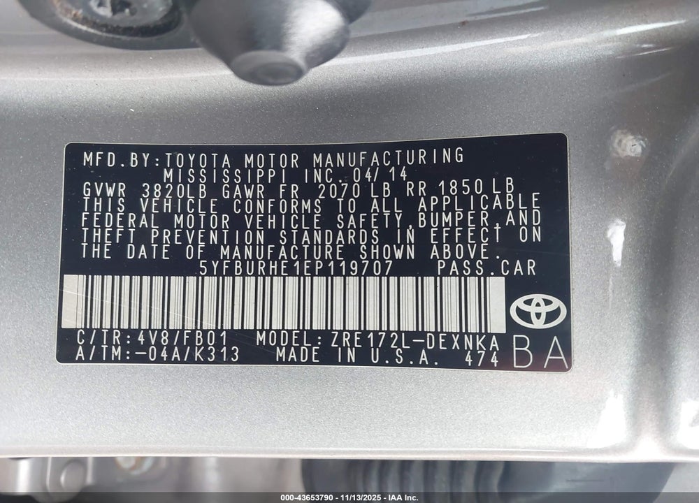 2014 TOYOTA COROLLA LE VIN: 5YFBURHE1EP119707