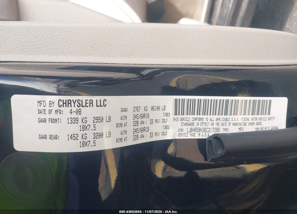 2008 JEEP GRAND CHEROKEE LIMITED VIN: 1J8HR58N38C217289