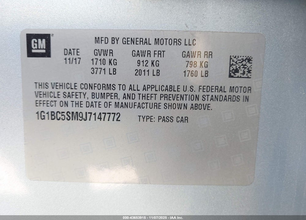 2018 CHEVROLET CRUZE VIN: 1G1BC5SM9J7147772