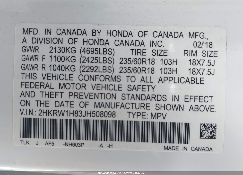 2018 HONDA CR-V EX-L/EX-L NAVI VIN: 2HKRW1H83JH508098