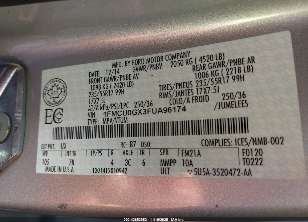 2015 FORD ESCAPE SE VIN: 1FMCU0GX3FUA96174