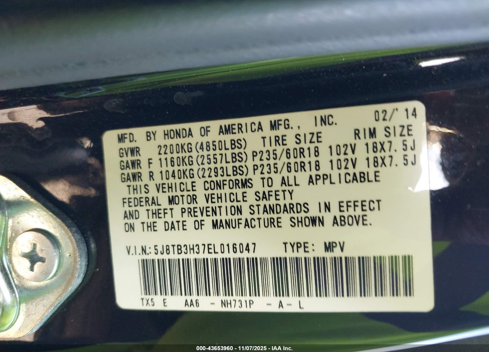 2014 ACURA RDX VIN: 5J8TB3H37EL016047
