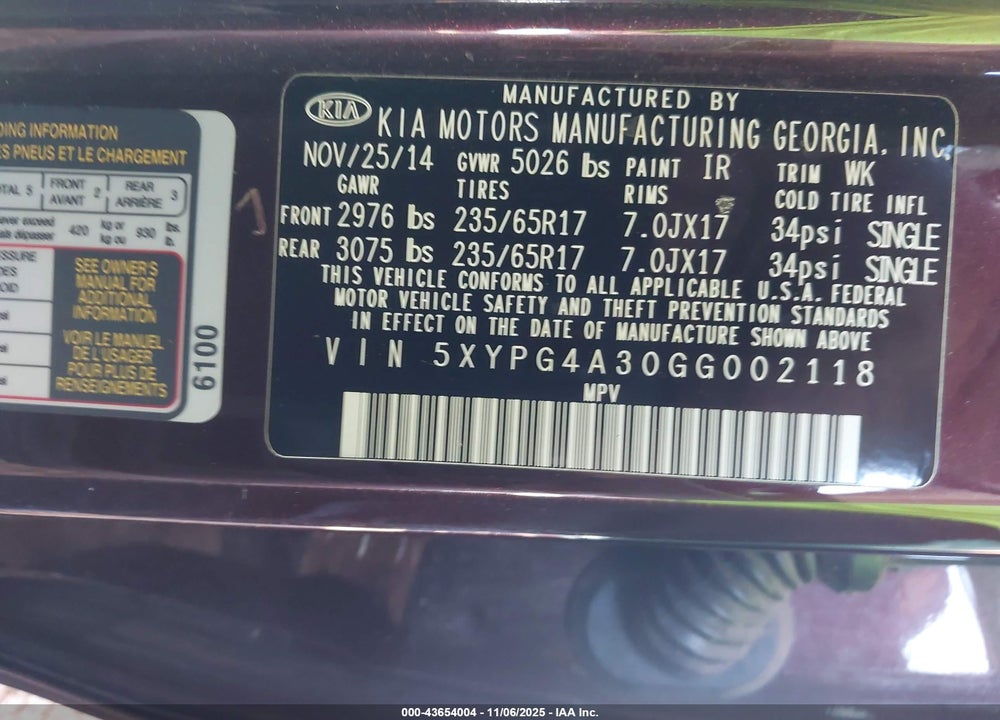 2016 KIA SORENTO 2.4L LX VIN: 5XYPG4A30GG002118