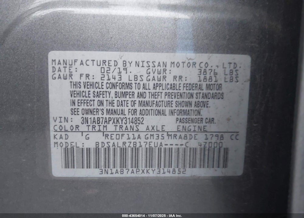 2019 NISSAN SENTRA VIN: 3N1AB7APXKY314852