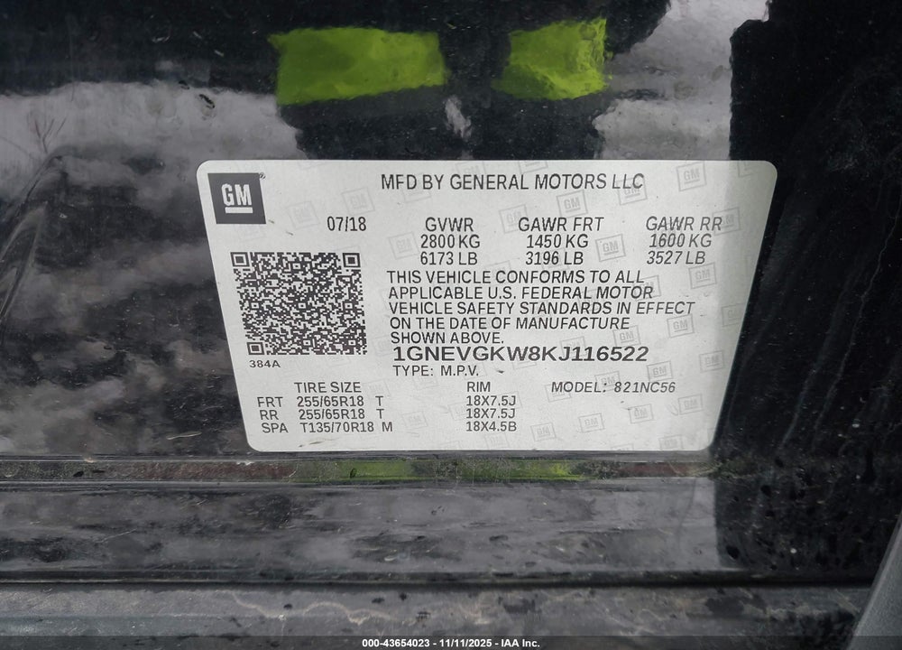 2019 CHEVROLET TRAVERSE VIN: 1GNEVGKW8KJ116522