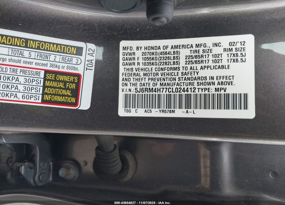 2012 HONDA CR-V EX-L VIN: 5J6RM4H77CL024412