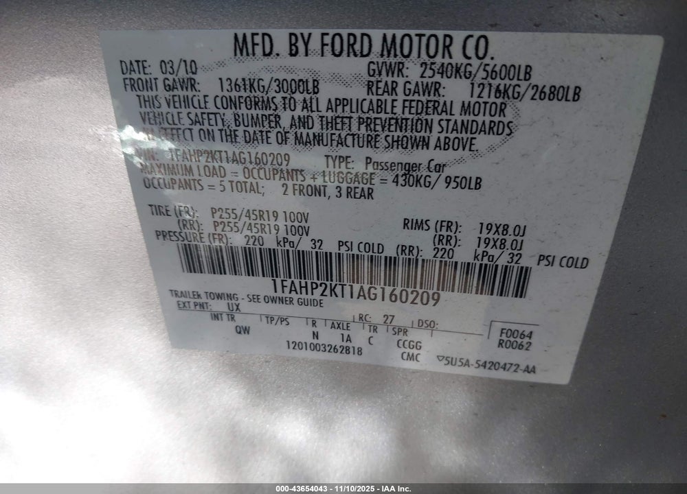 2010 FORD TAURUS VIN: 1FAHP2KT1AG160209