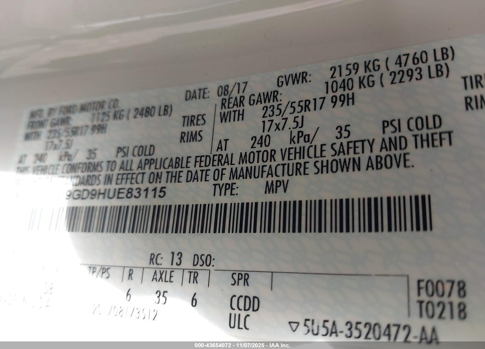 2017 FORD ESCAPE SE VIN: 1FMCU9GD9HUE83115