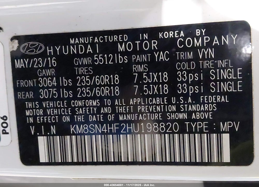 2017 HYUNDAI SANTA FE SE VIN: KM8SN4HF2HU198820