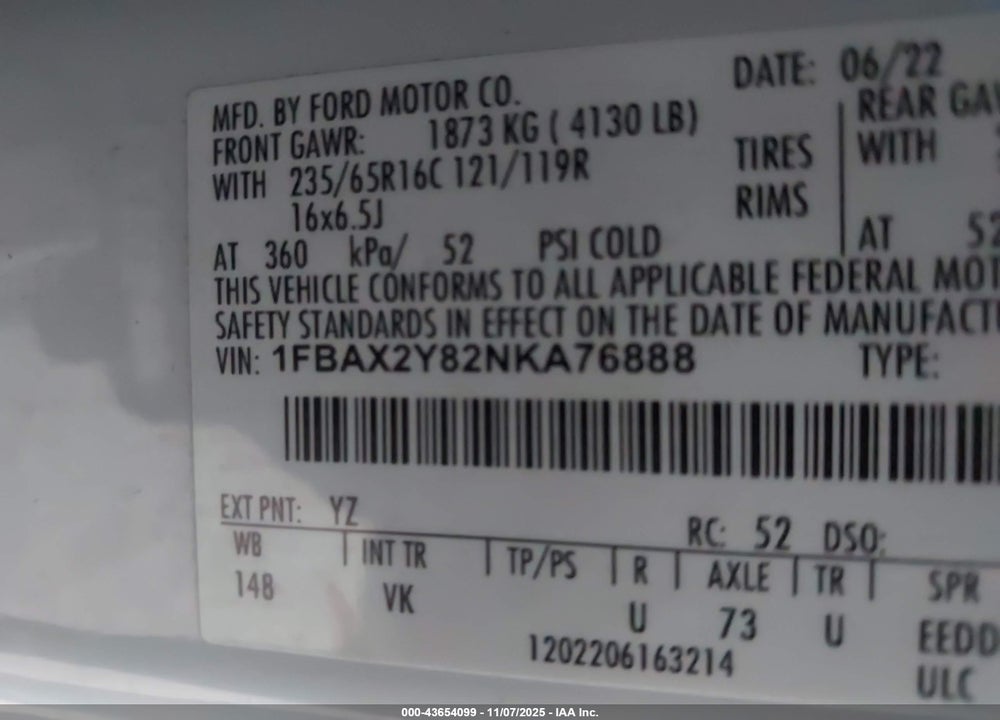 2022 FORD TRANSIT PASSENGER XL VIN: 1FBAX2Y82NKA76888