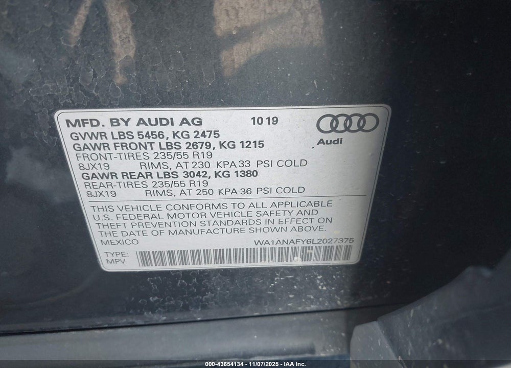 2020 AUDI Q5 PREMIUM 45 TFSI QUATTRO S TRONIC VIN: WA1ANAFY6L2027375