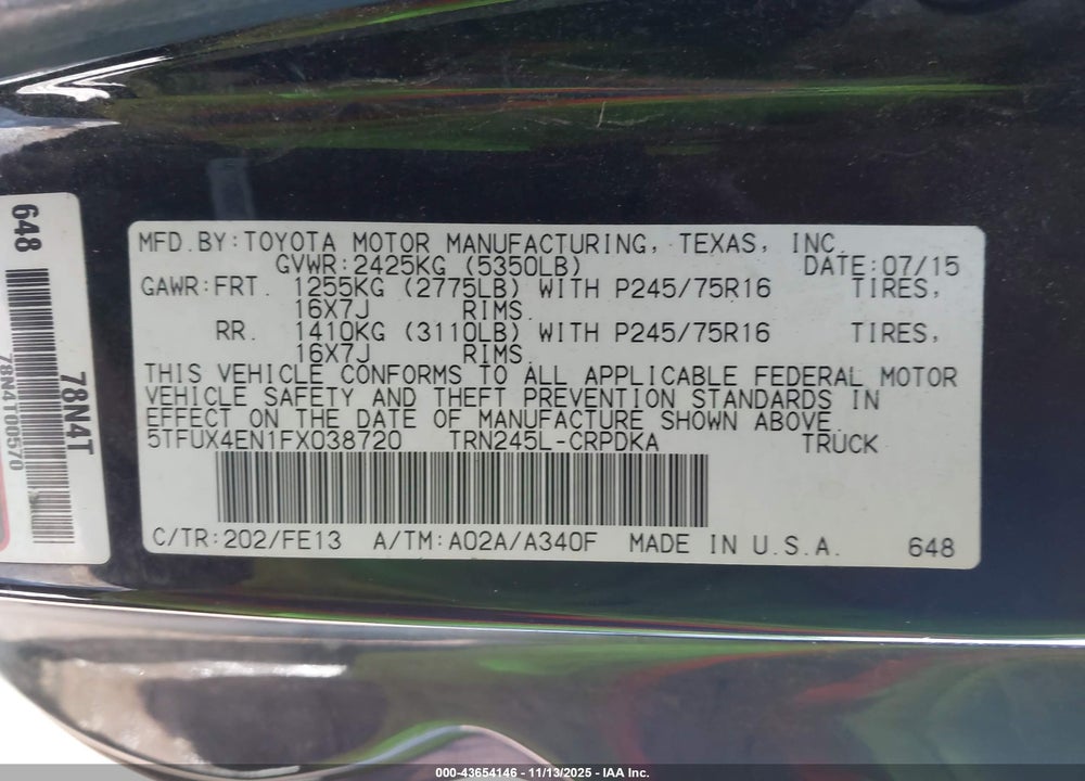 2015 TOYOTA TACOMA VIN: 5TFUX4EN1FX038720