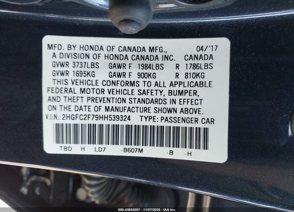 2017 HONDA CIVIC EX VIN: 2HGFC2F79HH539324