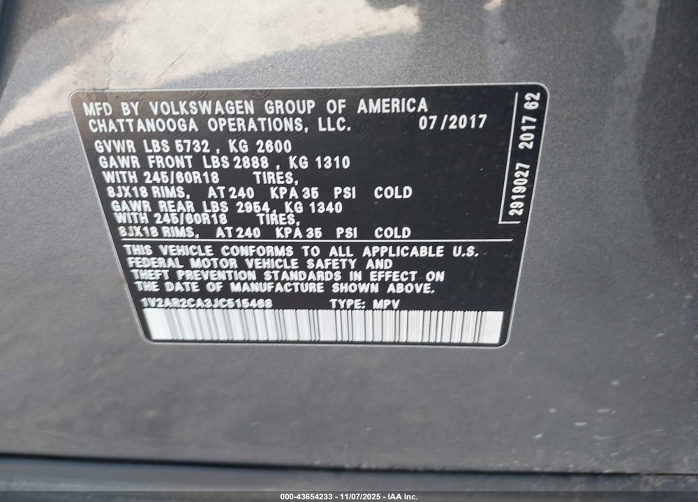 2018 VOLKSWAGEN ATLAS 3.6L V6 S VIN: 1V2AR2CA3JC515468
