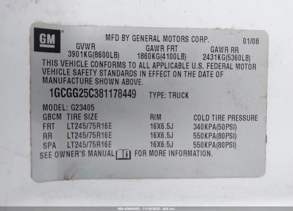2008 CHEVROLET EXPRESS WORK VAN VIN: 1GCGG25C381178449