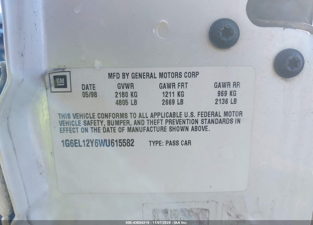 1998 CADILLAC ELDORADO STANDARD VIN: 1G6EL12Y6WU615582
