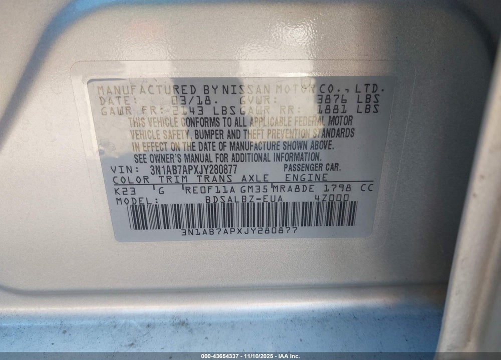 2018 NISSAN SENTRA S VIN: 3N1AB7APXJY280877