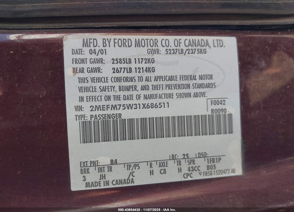 2001 MERCURY GRAND MARQUIS LS VIN: 2MEFM75W31X686511
