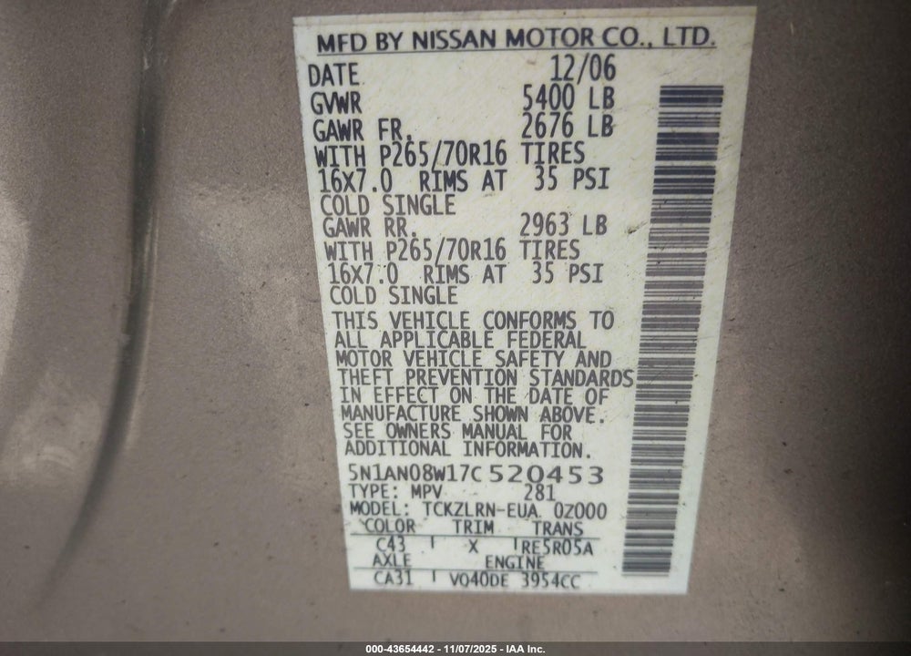2007 NISSAN XTERRA S VIN: 5N1AN08W17C520453