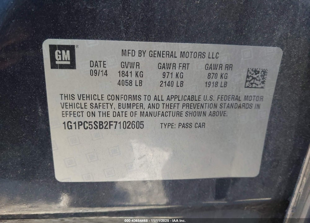 2015 CHEVROLET CRUZE 1LT AUTO VIN: 1G1PC5SB2F7102605