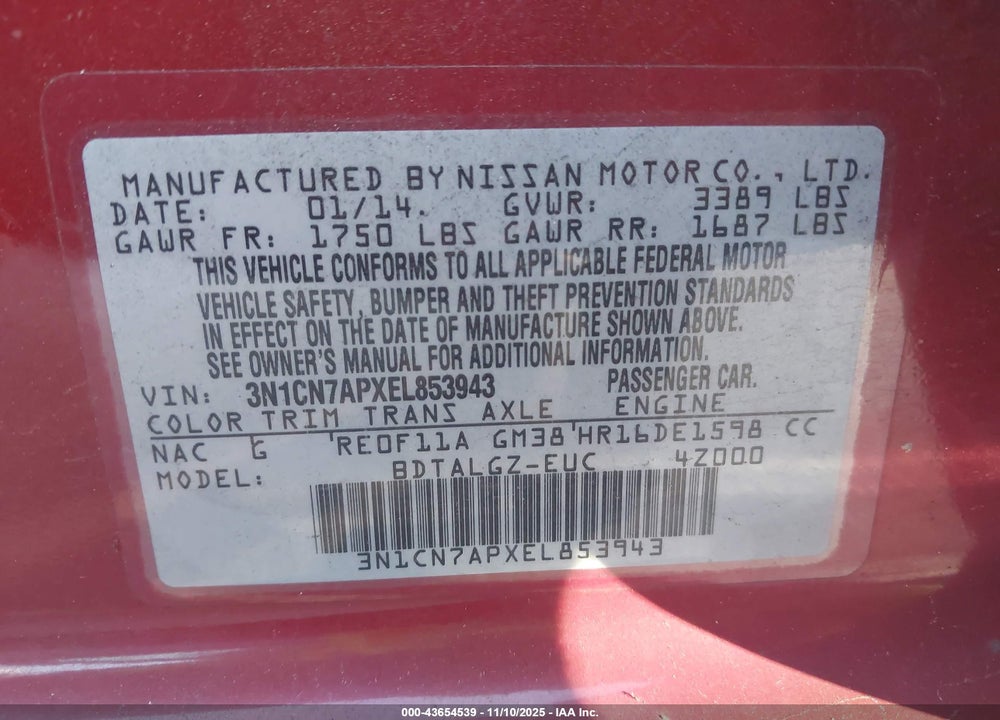 2014 NISSAN VERSA 1.6 SL VIN: 3N1CN7APXEL853943